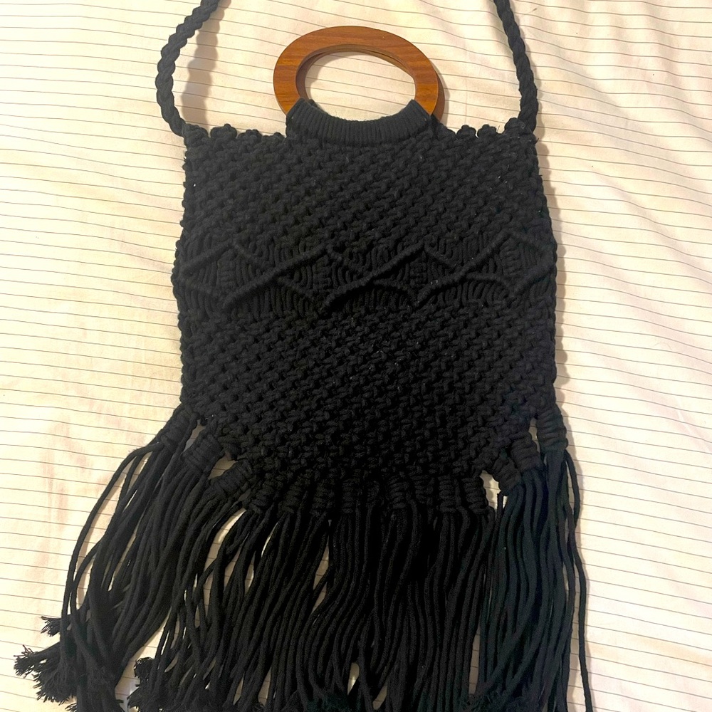 Macramé black bag. Top handle and crossbody strap.